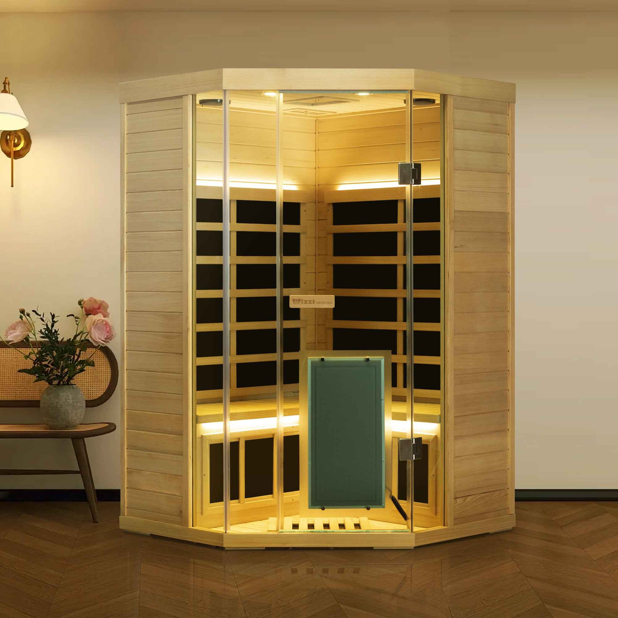 Corner Hemlock Full-Glass Full-Spectrum Infrared Sauna Wizzisaunas SH07