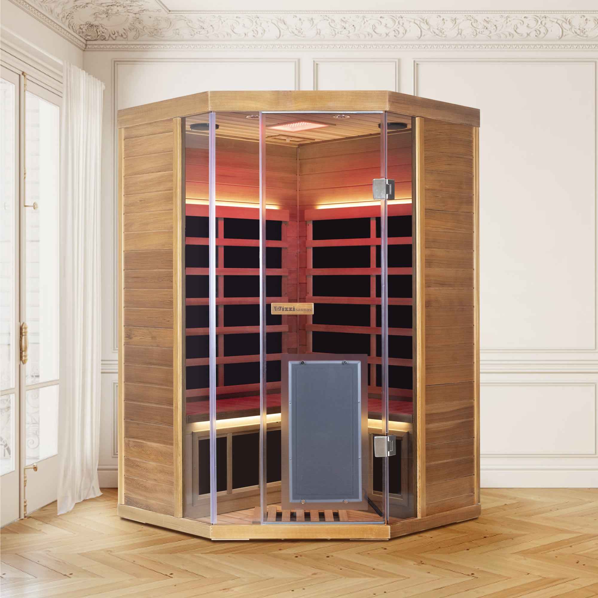 Corner Red Cedar Full-Glass Full-Spectrum Infrared Sauna Wizzisaunas SR07