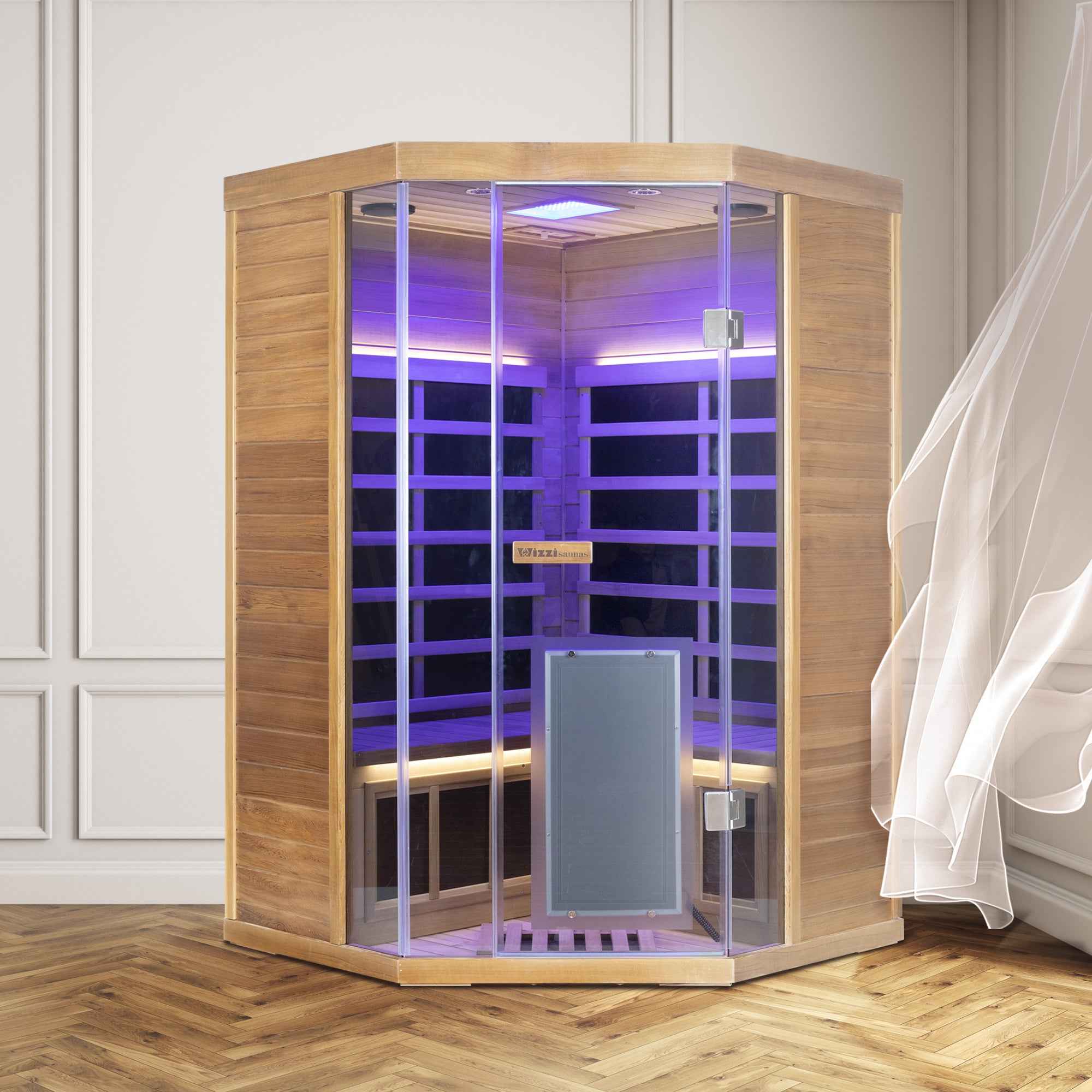 Corner Red Cedar Full-Glass Full-Spectrum Infrared Sauna Wizzisaunas SR07