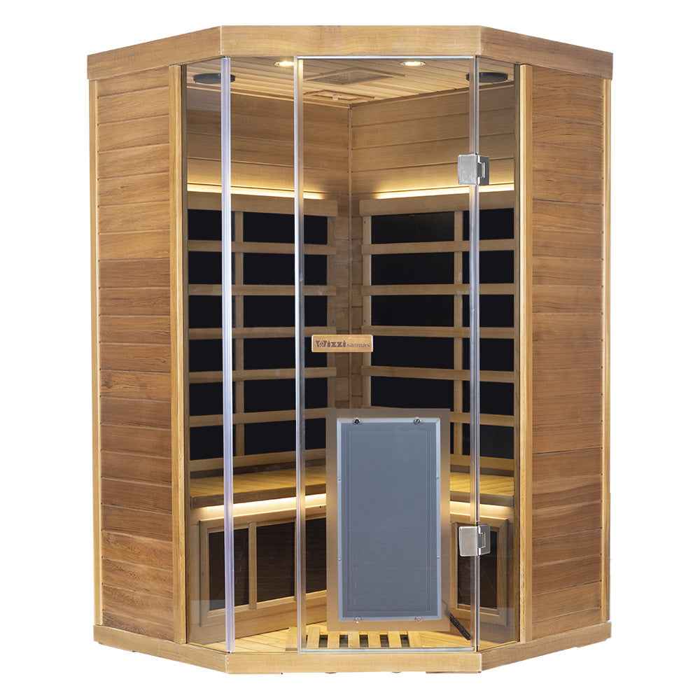 Corner Red Cedar Full-Glass Full-Spectrum Infrared Sauna Wizzisaunas SR07