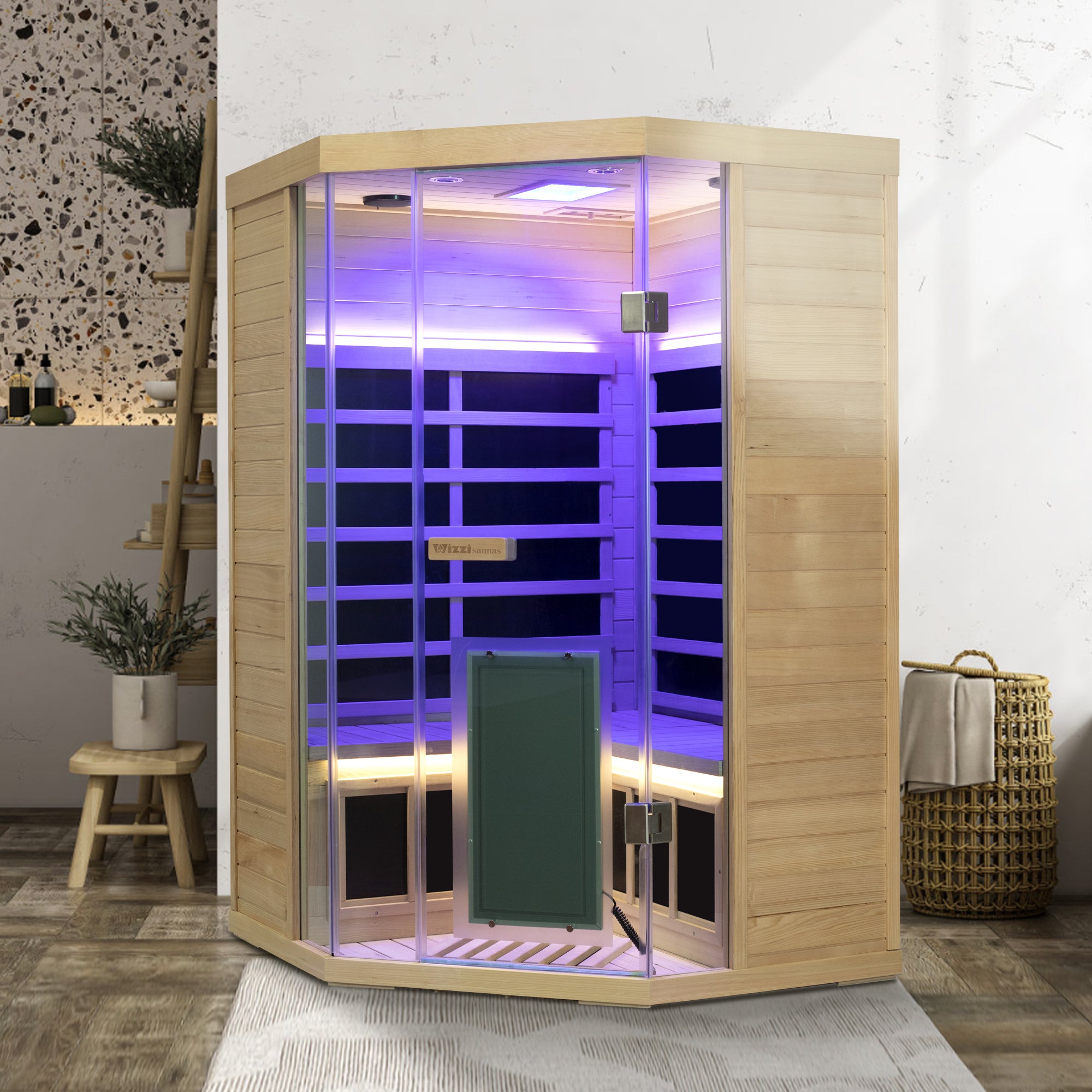 Corner Hemlock Full-Glass Full-Spectrum Infrared Sauna Wizzisaunas SH07