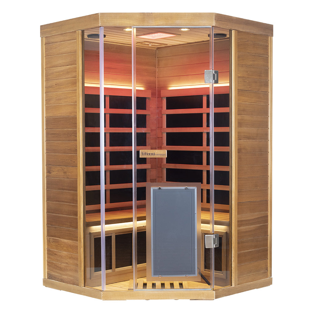 Corner Red Cedar Full-Glass Full-Spectrum Infrared Sauna Wizzisaunas SR07