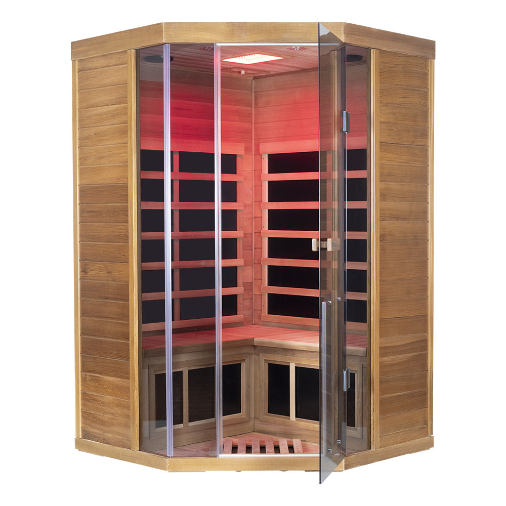 Corner Red Cedar Full-Glass Full-Spectrum Infrared Sauna Wizzisaunas SR07
